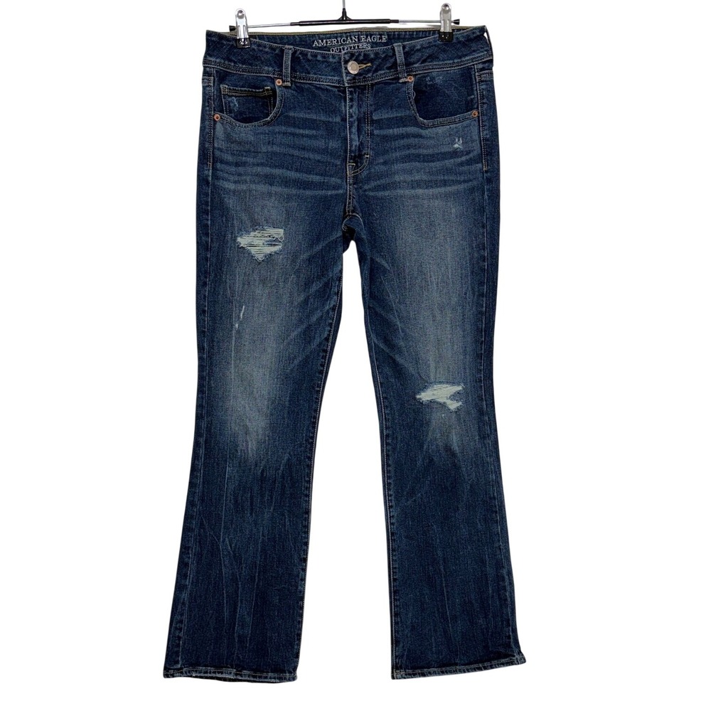 American Eagle Jeans Womens 12 34X31 Blue Kick Boot Distressed Stretch Dark Wash